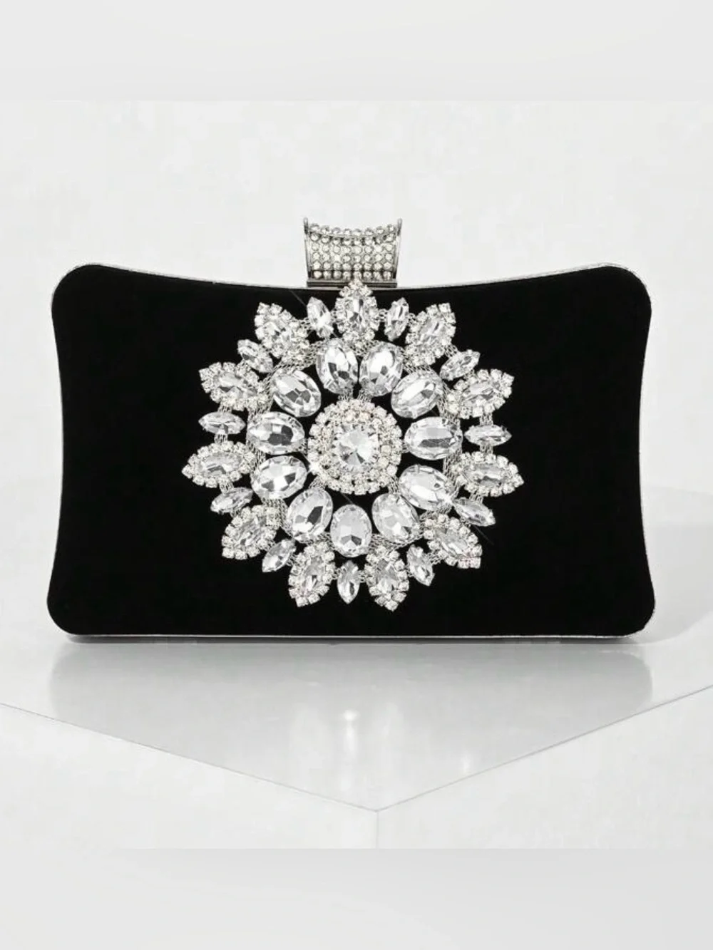 Elegant Black Crystal-Embellished Evening Clutch
